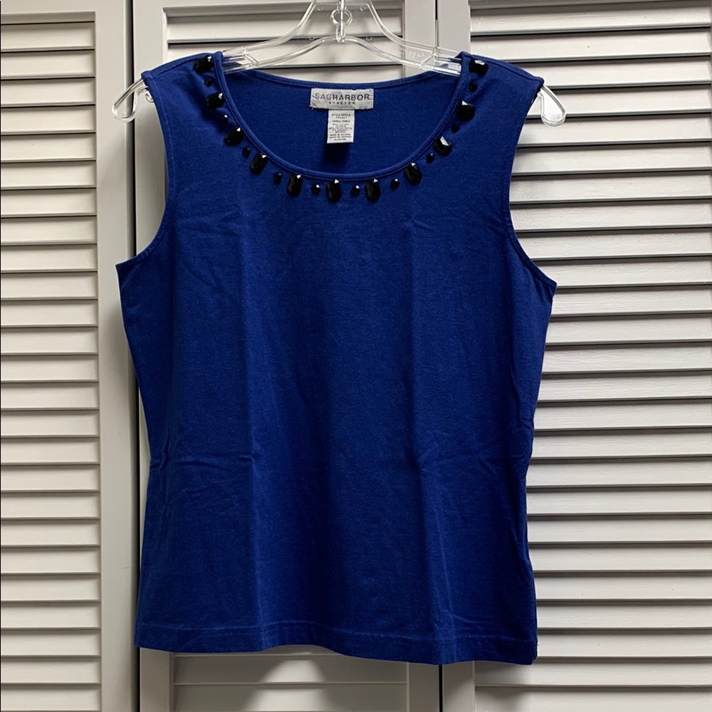 Sag Harbor Blue Embellished Fitted Tank Top